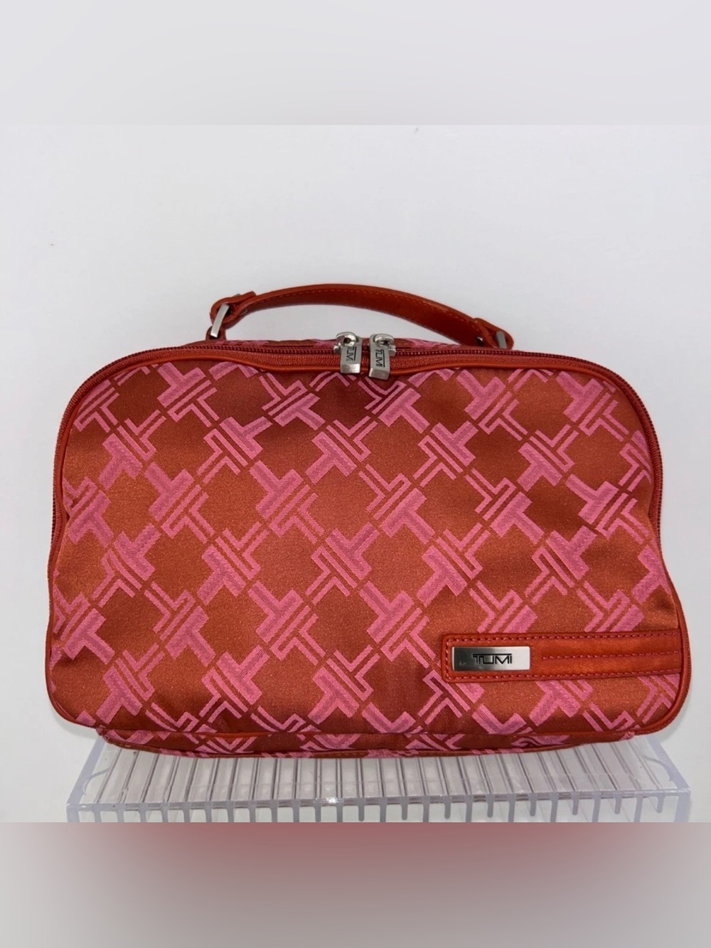 Tumi Pink Signature Collection Logo Nylon Travel Toiletries Bag Orange/Pink 8x11
